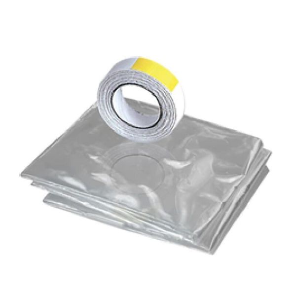 A pile of clear window film and a role of white tape with a yellow tip on a white background