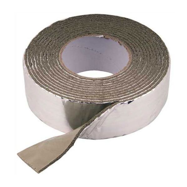 Shiny silver and brown pipe insulation wrap on a white background
