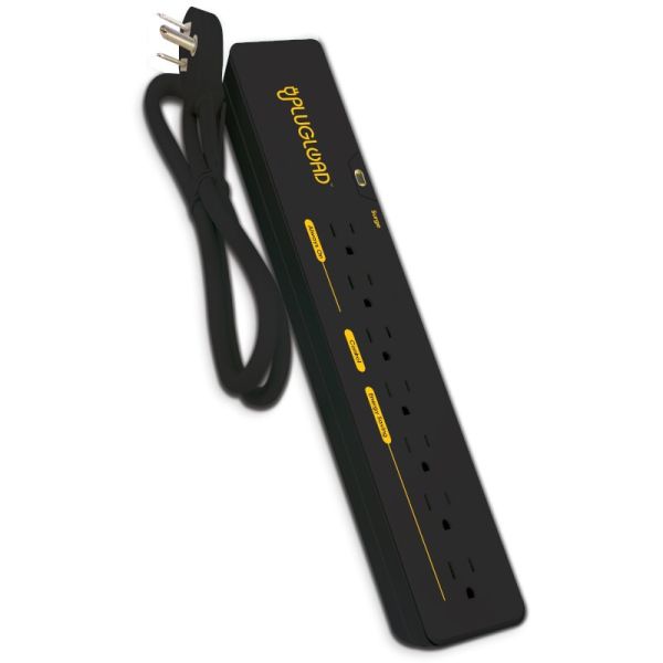 A black PlugLoad 7-Outlet Tier 1 Advanced Power Strip on a white background