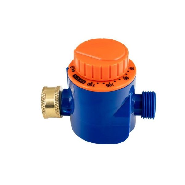 A blue and orange Simply Conserve Hose Time with a gold connector on a white background
