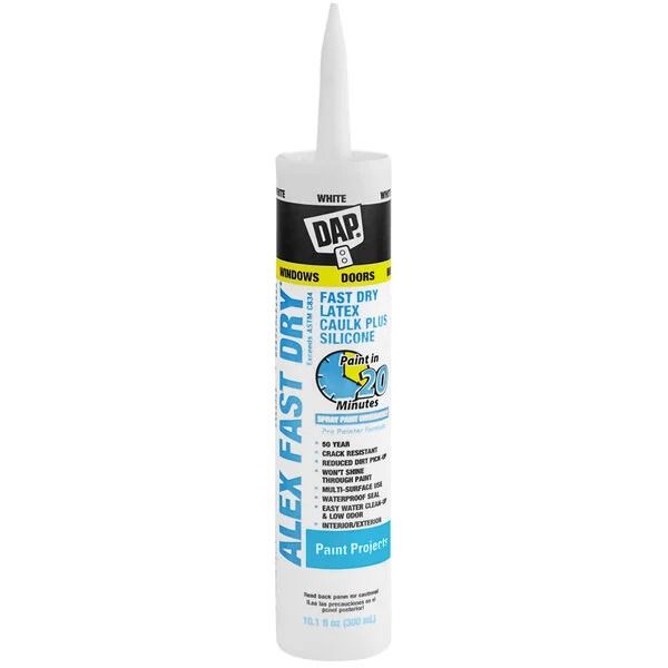 A white and blue tube of acrylic latex caulk with yellow and black accents on a white background