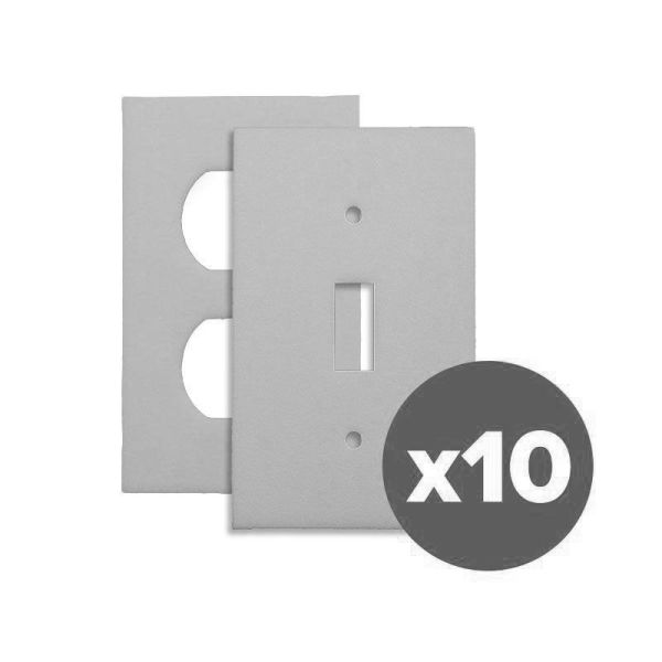 A white outlet gasket and a white switch gasket layered on top of each other and a large dark grey circle with a white "x10" on a white background