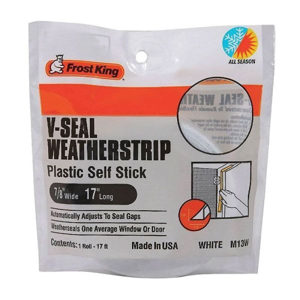 A white bag with orange accents and black writing that says V-Seal Weatherstrip and supplies other product information on a white background