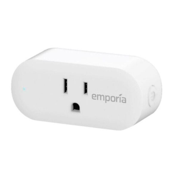 A white Emporia Smart Plug on a white background