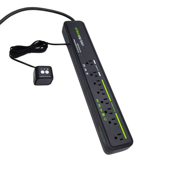 A black Emberstrip Tier 2 Advanced Power Strip on a white background