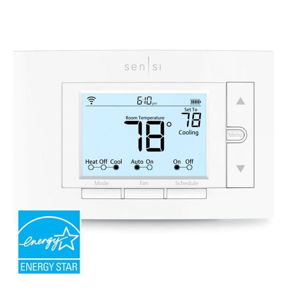 A white colored Sensi ST55U Thermostat on white background and blue Energy Star logo in the left corner
