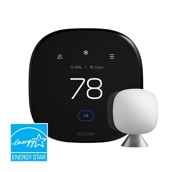 A black colored ecobee Premium Smart Thermostat with a small white SmartSensor on a white  background and a blue EnergyStar logo in the left corner