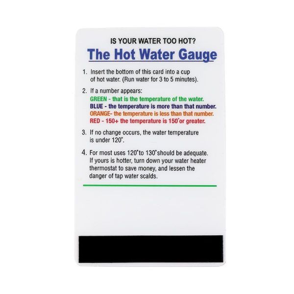 A small card with colorful writing and a black strip on the bottom on a white background