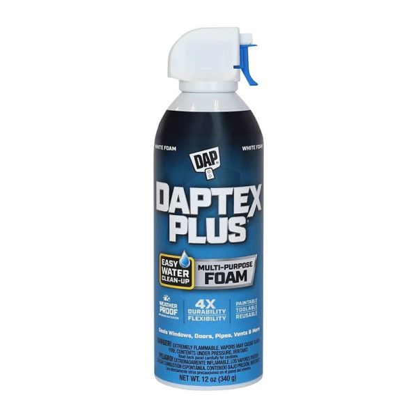 A white and blue can of DAP Spray Foam Insulation on a white background