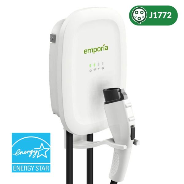 A white Emporia Smart Home EV Charger with the plug showed hooked to the base and a blue Energy Star logo in the lower left hand corner. There is a green oval in the upper right corner that says J1772 and shows a front view of a charger