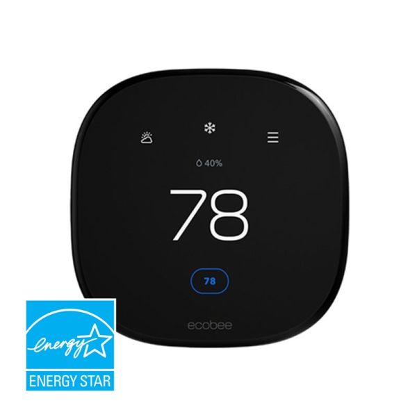 A black colored ecobee Enhanced Smart Thermostat on a white background and a blue EnergyStar logo in the left corner