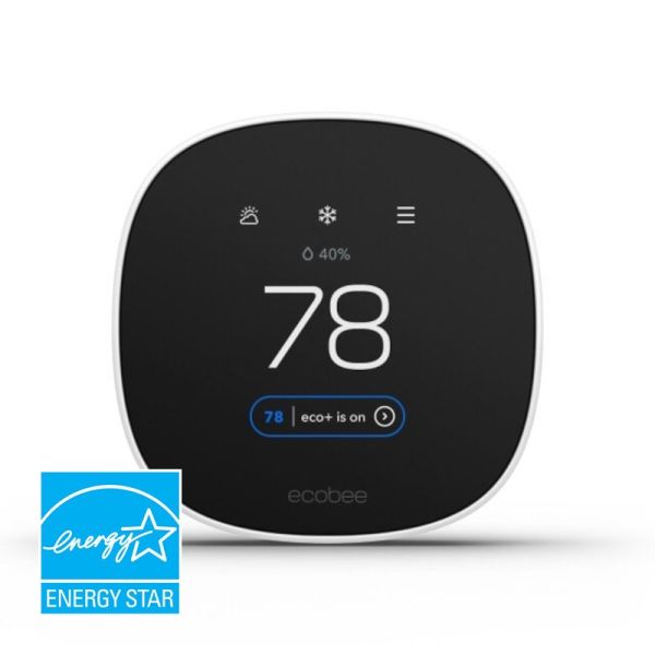 A black colored ecobee Essential Smart Thermostat on a white background and a blue EnergyStar logo in the left corner