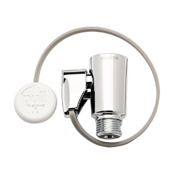 A shiny silver Evolve ShowerStart that includes a long grey cord and white pull tab on a white background
