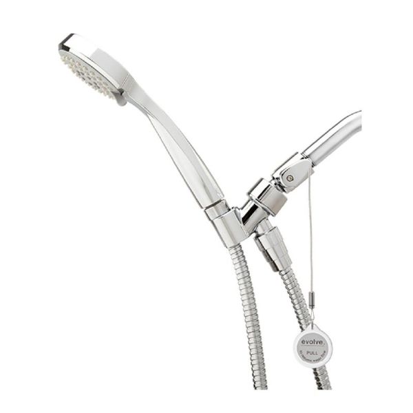 A side view of a shiny chrome 1.5 GPM Multifunction Handshower with ShowerStart on a white background
