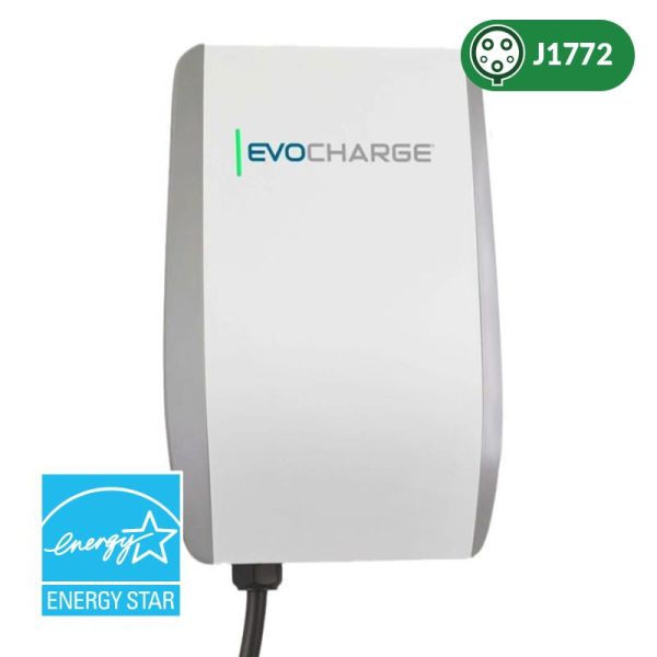 A white EvoCharge Home 50 EV charger with a black plug on a white background and blue Energy Star logo in the corner, and a green oval in the upper right corner that says J1772 and shows a front view of a charger
