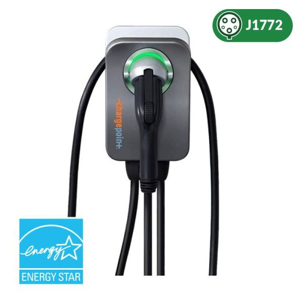 A grey ChargePoint Home Flex NEMA 6-50 Plug Charger with a green plug light on, a blue Energy Star logo in the lower lefthand corner and green oval in the upper right corner that says J1772 and shows a front view of a charger