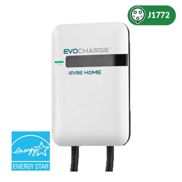 A white EvoCharge 32A NEMA 6-50 Plug-in or Hardwired EV Charger, blue Energy Star logo in the corner  and green oval in the upper right corner that says J1772 and shows a front view of a charger