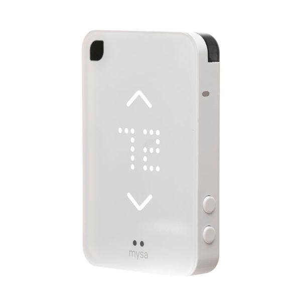 A white colored Mysa Smart Thermostat for Mini-Split Heat Pumps and AC on a white background 