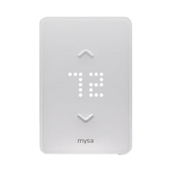A white colored Mysa Smart Thermostat LITE for Electric Baseboard Heaters on a white background 