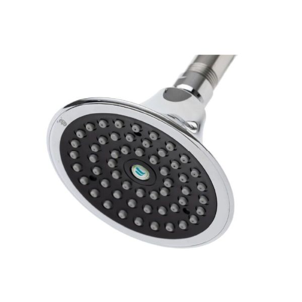 A round shiny chrome and black Sava Spa 1.5 GPM Chrome Showerhead on a white background
