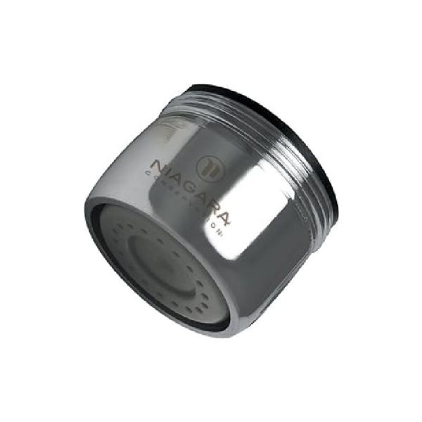 A chrome Niagara 0.5 GPM Faucet Aerator with a black ring and the word Niagara written in grey on a white background

