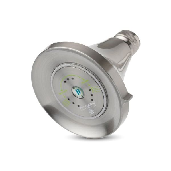 A shiny chrome Niagara 1.25 GPM Low Flow Earth Showerhead with green accents on a white background.
