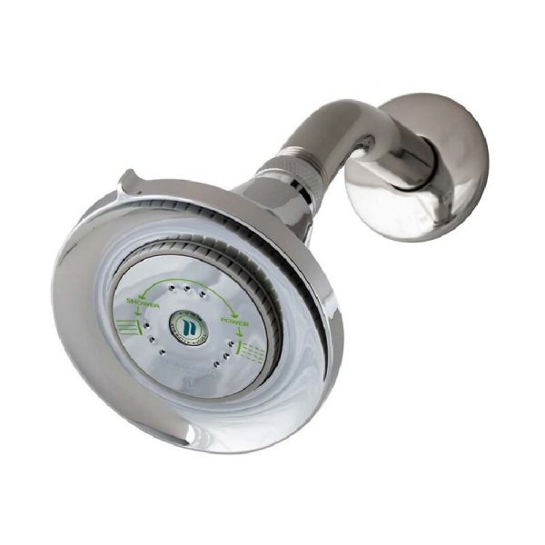 A shiny chrome 1.25 GPM Chrome Earth Luxe Showerhead with green accents on a white background
