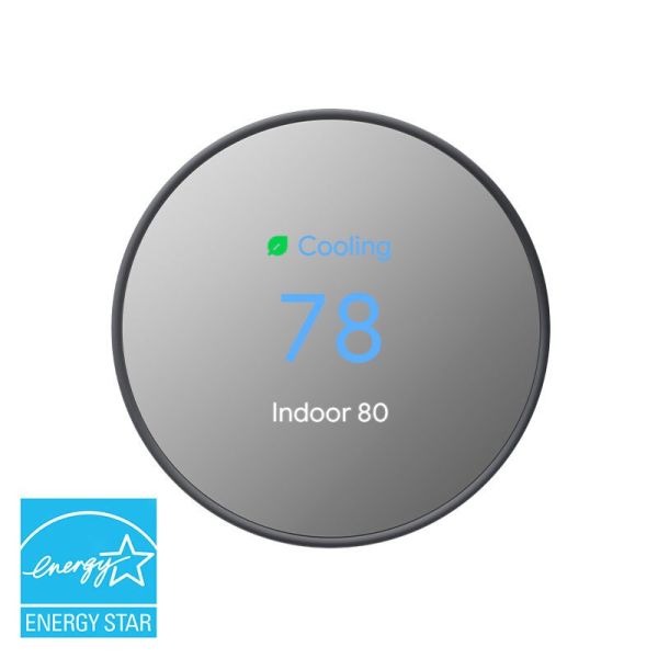 A charcoal colored Google Nest Thermostat on a white background and a blue EnergyStar logo in the left corner