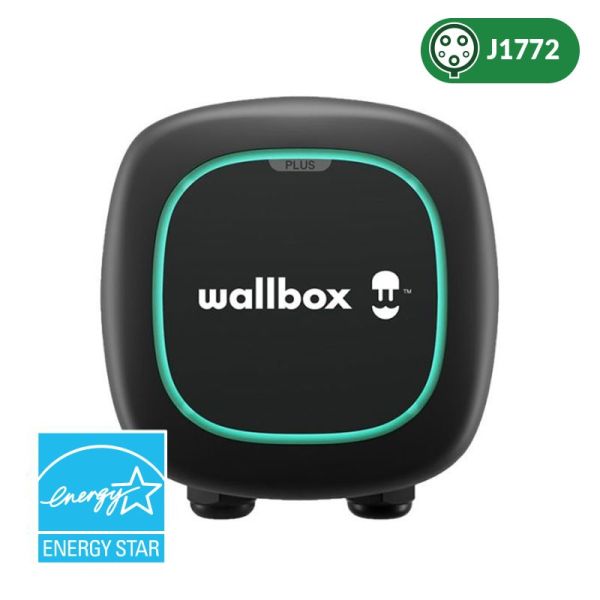 A black Wallbox 48A Hardwired EV Charger with a glowing green border, a blue Energy Star Logo and green oval in the upper right corner that says J1772 and shows a front view of a charger