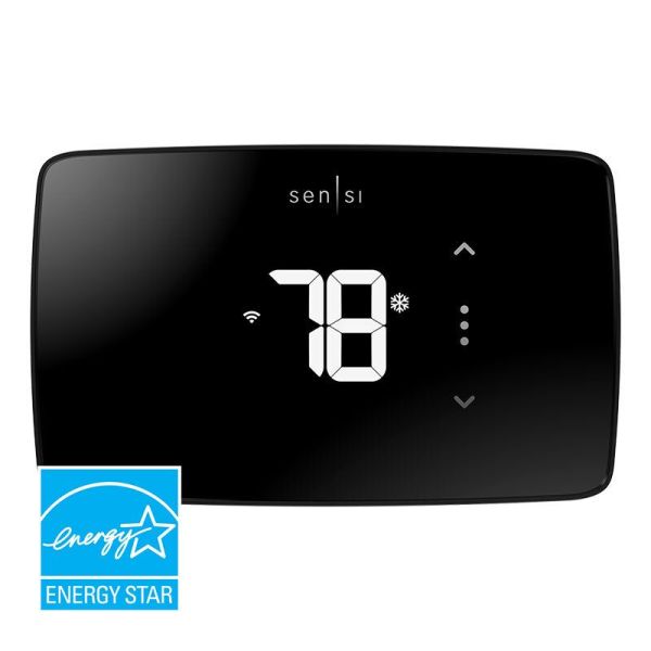 A black colored Sensi Lite Smart Thermostat on a white background and a blue EnergyStar logo in the left corner