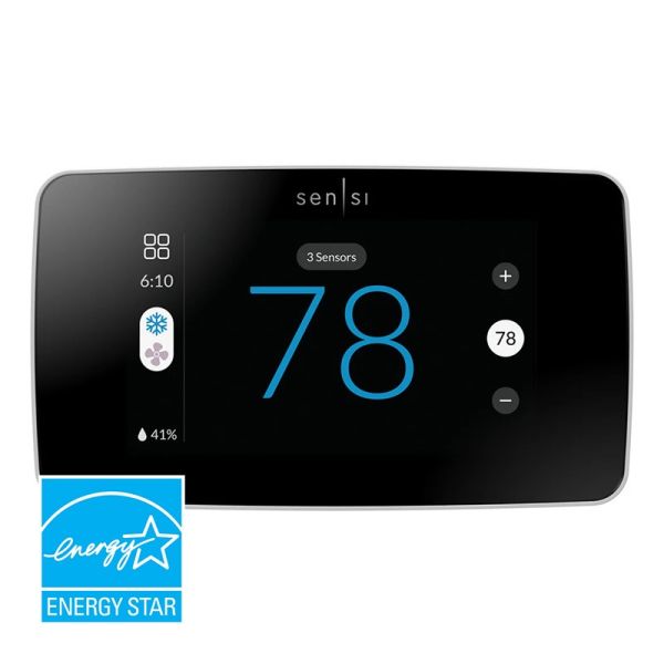 A black colored Sensi Touch 2 Smart Thermostat on a white background and a blue EnergyStar logo in the left corner