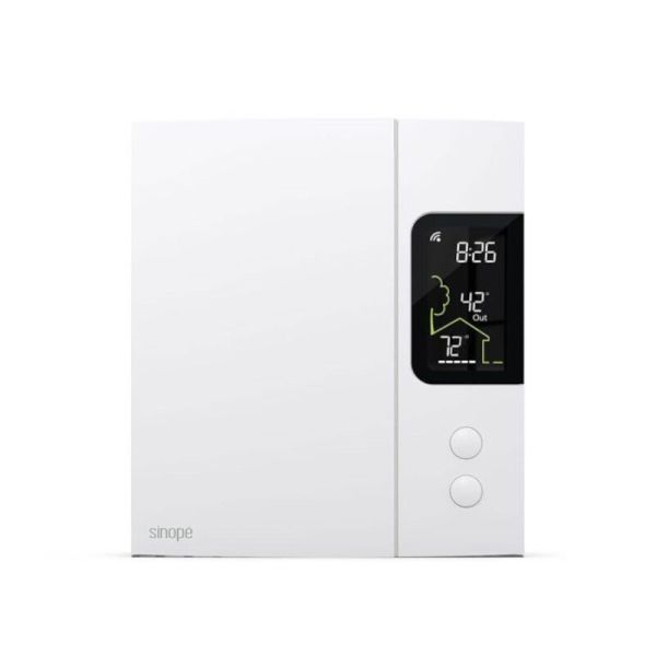 A white colored Sinope Smart Thermostat for Electric Baseboard Heating with black display on a white background 