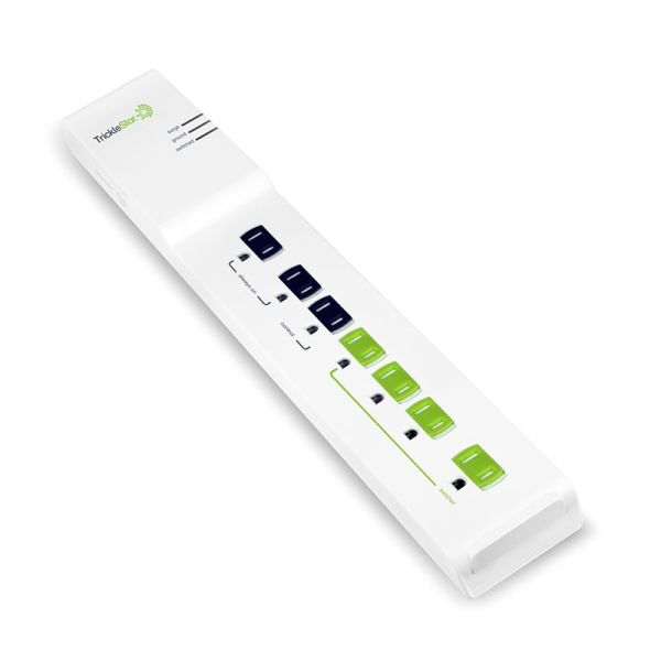 A white TrickleStar 7-outlet Tier 1 Advanced Power Strip on a white background